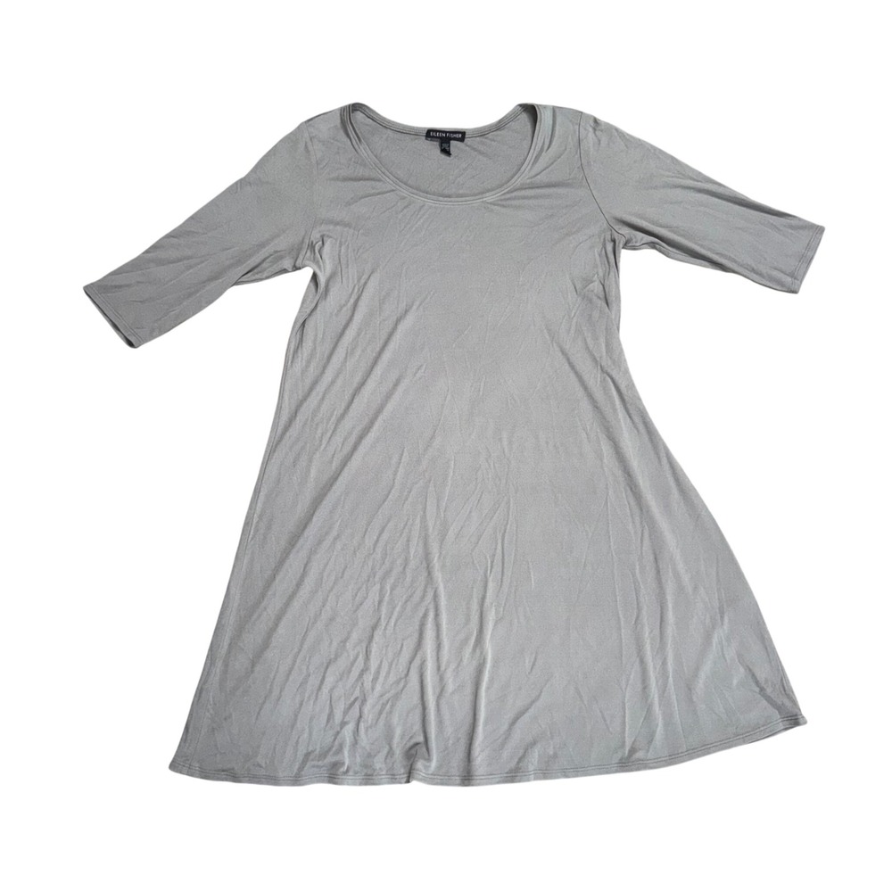 Eileen Fisher Silk Tunic Women S Grey Excellent 3/4 Sleeve Scoop Neck A-Line
